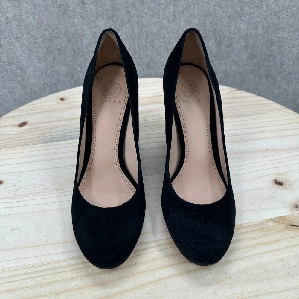 Tory Burch Astoria Wedge Pumps Womens 8.5 Black Suede Gold Logo Heels